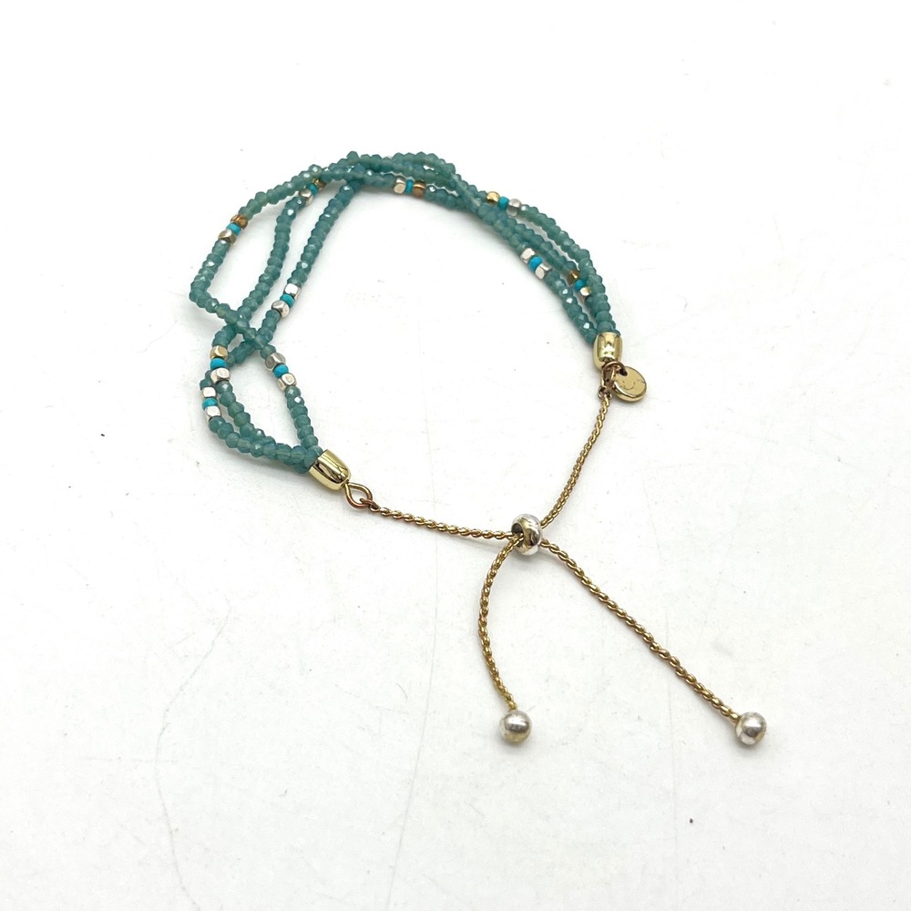 Teal Beaded Triple Strand Adjustable Bolo Bracelet Mixed‎ Metal Accents Boho